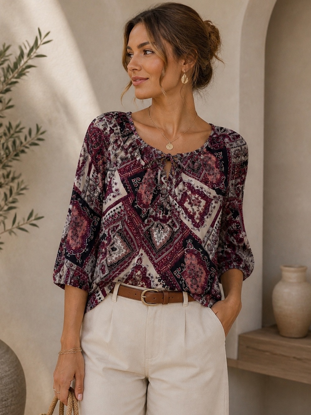Sara Michelle Burgundy and Black Patterned Blouse